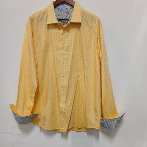 Bugatchi mens xl big tall gingham plaid yellow button down shirt flip cuff